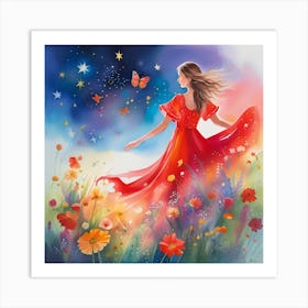 Girl In Red Dress Art Print