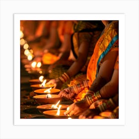 Women Lighting Diyas 1 Art Print