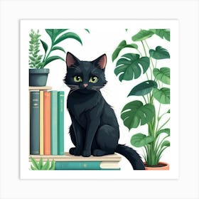 Black Cat On Bookshelf,wall art Art Print