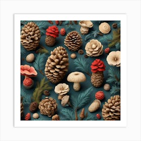 Aesthetic style, pine cones and mushrooms pattern 1 Art Print