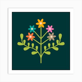 TAMI Mid-Century Modern Retro Floral with Small Flowers in Bright Colours on Dark Teal Art Print