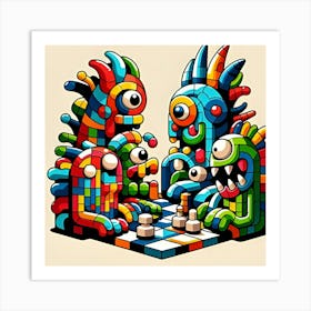 Brightly Colored And Low Resolution Cubism Monsters Playing Chess 5 Poster