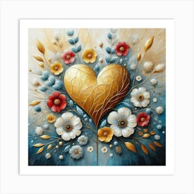 Heart Of Gold and flowers acrylic art Art Print