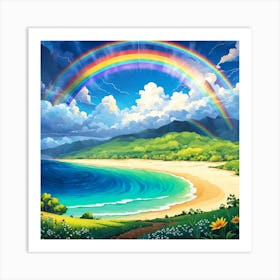 Rainbow Over The Beach, A Rainbow Emerging After A Storm Symbolizing Hope And New Beginnings Art Print