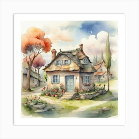 Little House In The Village Cartoon Watercolor Dra 3 Art Print