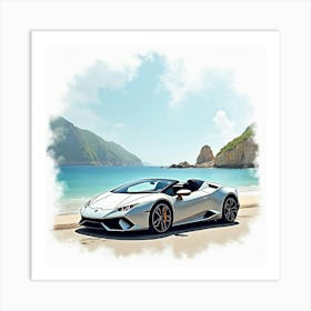 Lamborghini Huracán Spyder With A Watercolor Seascape Background 1 Art Print