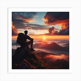 Man Sitting On Top Of Mountain At Sunset Art Print