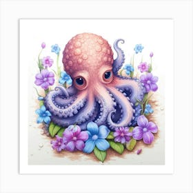 Octopus In Flowers Affiche