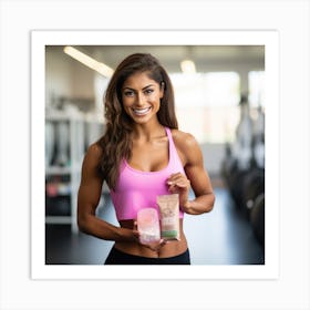 Woman Holding A Bottle Of Protein Powder Art Print