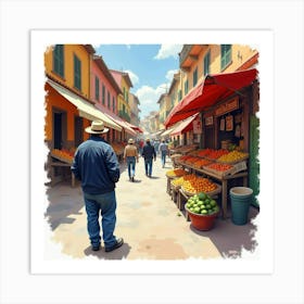 Spanish Man In A Lively Street Market, Watercolor With Vibrant Hues 1 Art Print