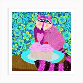 Raccoon And Cupcakes Square Art Print