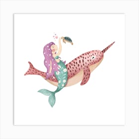 Cute mermaid riding a narwhal Art Print