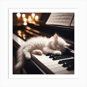 White Cat Sleeping On Piano Keyboard Art Print