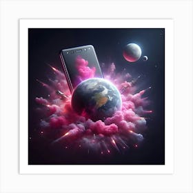 A Photo Realistic Mobile Phone As A Planet In Space With Pink Smoke And Explosions, With 2 Moons In The Background, Digital Art 3 Art Print