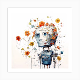 Robot With Flowers Art Print