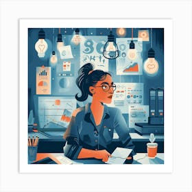 Illustration Of A Woman Working In An Office Art Print