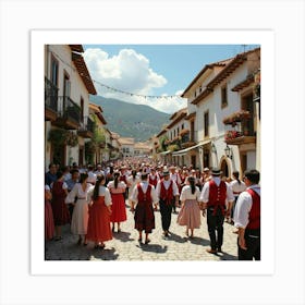 Spanish Village Festival With Lively Crowds And Traditional Costumes Art Print