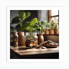 Jar Of Coins And Plant Art Print