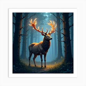 A Majestic Stag With Antlers Of Cascading, Starry Light Standing In A Magical Forest Art Print