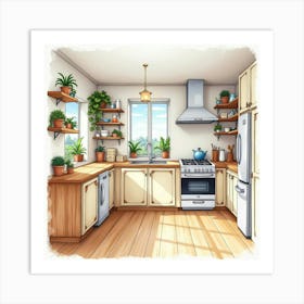 Spacious Kitchen Watercolor Painting, Lively, Inviting 1 Art Print