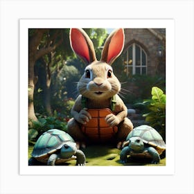 A rabbit meets two turtles in the garden Art Print