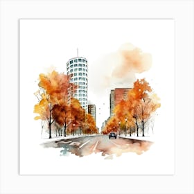 Watercolor Autumn Cityscape Art Print