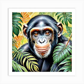 Chimpanzee With Leaves Art Print