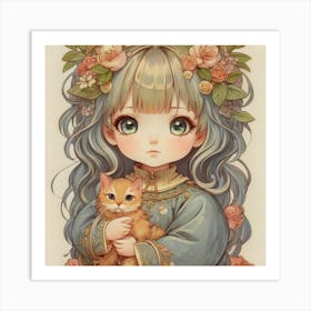 Kawaii Girl With Cat Art Print