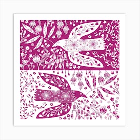 Peace Doves And Flowers Magenta Pink Art Print