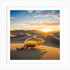 Elephant Sized Goldfish Float Amidst Undulating Sand Dunes Surreal Desert Landscape Stretched Beyon Art Print