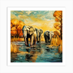 Elephants In The Water Art Print