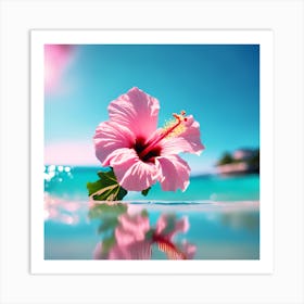 Blue Ocean and Pink Hibiscus Flower on the Beach Art Print