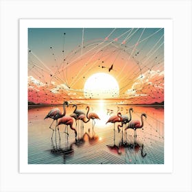 Flamingos in Water at Sunrise Creative Color Drawing - Wild Bird Artwork 121 Art Print