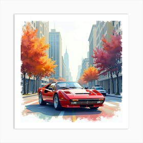 Ferrari 288 Gto Surrounded By A Colorful Watercolor Cityscape Art Print