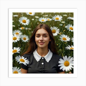 Beautiful Young Woman In A Field Of Daisies Art Print