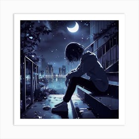 Anime Girl Sitting On Stairs At Night Art Print