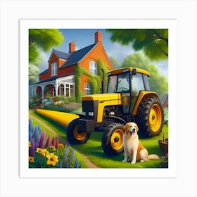 A Yellow Tractor In Front Of A Farm House 4 Poster