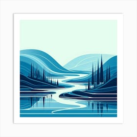 Landscape With Mountains And River Art Print