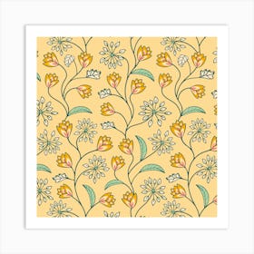 TANGLED Boho Floral Botanical Vines in Cottage Garden Pink Yellow White Green on Cream Art Print