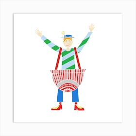 Tunnocks Teacake Marshmallow Dungarees Man, Fun Circus Animal, Cake, Biscuit, Sweet Treat Print, Square Art Print