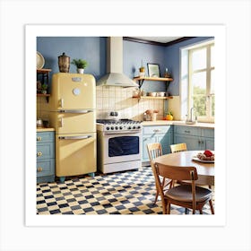 A retro-style kitchen with pastel colors, checkered flooring, and appliances. Art Print