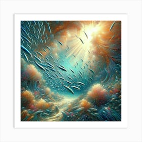 Sardines Swimming In A Surreal Underwater Garden, Style Digital Impressionism 3 Art Print
