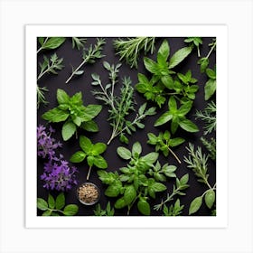 Fresh Herbs On Black Background 1 Art Print