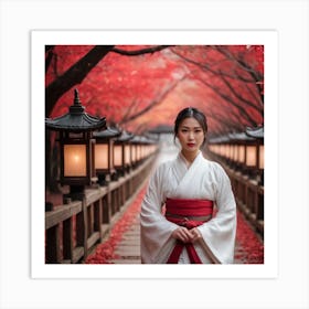 Asian Woman In Red Kimono Art Print