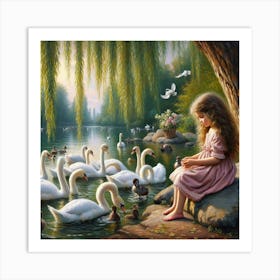 Little Girl With Swans 2 Art Print