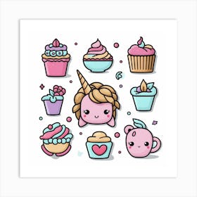 Cute Unicorns And Cupcakes Art Print