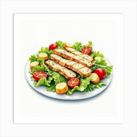 A Vibrant Watercolor Painting Of A Classic Caesar Salad With Grilled Chicken And Croutons Art Print