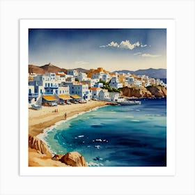 Mykonos Village.Summer on a Greek island. Sea. Sand beach. White houses. Blue roofs. The beauty of the place. Watercolor. Art Print