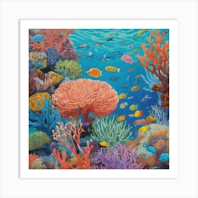 David Hockney Style: A Vibrant Coral Reef Teeming With Marine Life Art Print