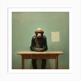 Chimpanzee Sitting At Desk Art Print